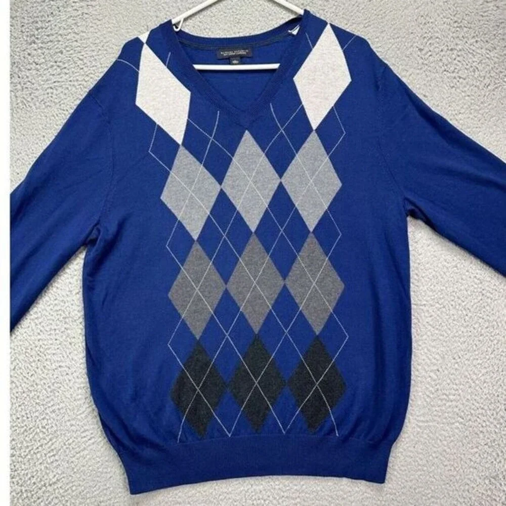 Banana Republic V-Neck Sweater Mens Large Blue Grey Argyle Silk Cashmere Blend